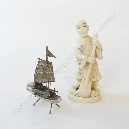 JAPANESE CARVED IVORY FIGURE H.90mm, SILVER METAL JUNK BOAT H.65mm