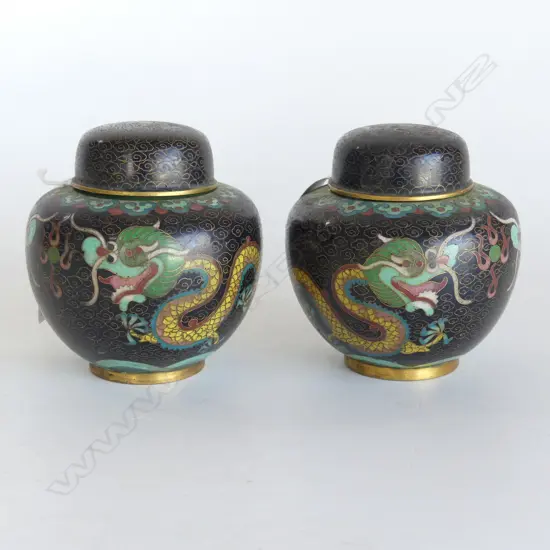 TWO LIDDED CLOISONNE OLD GINGER JARS, DRAGON DECORATION. 90X90mm