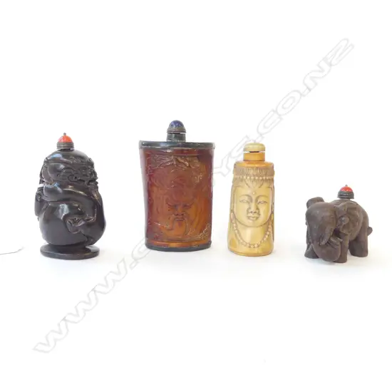 4 ORIENTAL CARVED SNUFF BOTTLES H.95mm