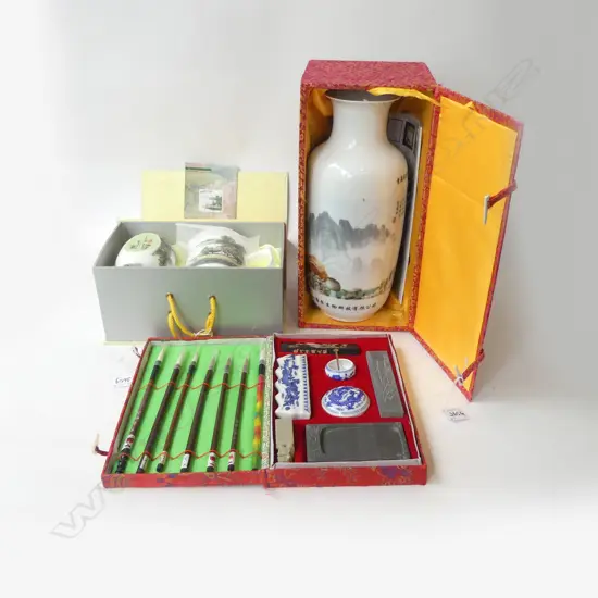 3 CHINESE BOXED PCES; LIDDED CUP & JAR, VASE H.355mm, INKSTONE CALLIGRAPHY SET