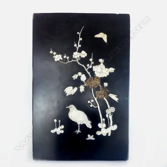 RTV JAPANESE BLACK LACQUER & BONE INLAID PANEL  2 pces missing 450 x 300mm