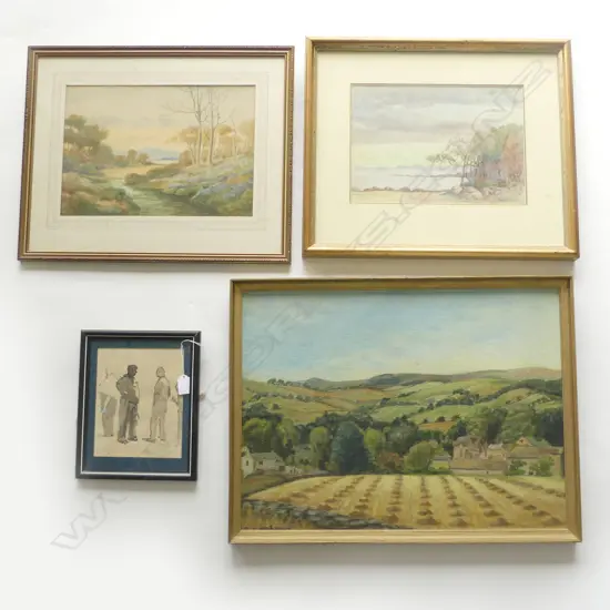 4 ARTWORKS: Arthur Briscoe ink sketch 'Conversation' + 2 W/C's + rural landscape oil