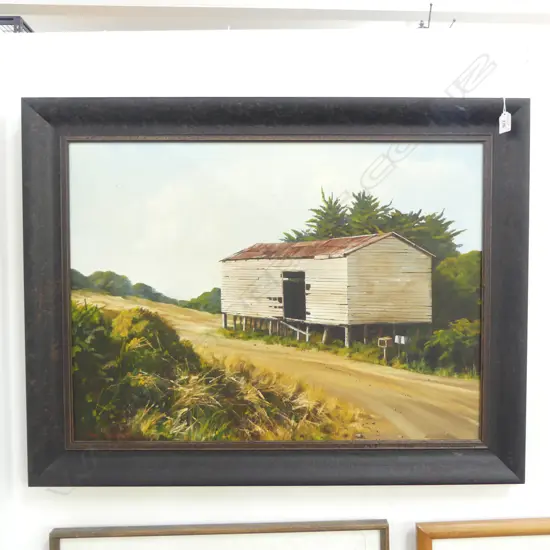 BEV TAYLOR, 'TOLL BARN' PURERUA, OIL ON CANVAS, 560 x 740mm, SIGNED & DATED '77  (further detail verso)