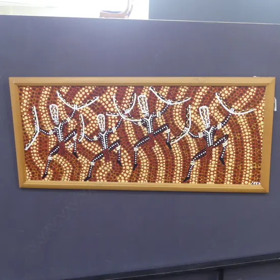 IGGY JAPPURRULA, ABORIGINAL, DANCING ANCESTRAL FIGURES, ACRYLIC ON CANVAS, 265 X 640mm