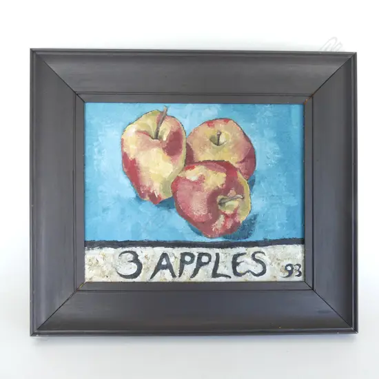VIKY GARDEN, 'STILL LIFE w 3 APPLES', OIL ON BOARD, 250 x 300mm signed & dated '93