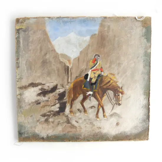late 19thC OIL ON BOARD SOLDIER ON HORSE BACK in remote valley 240 x 255mm. Unsigned