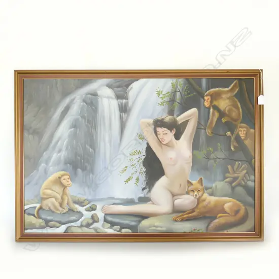 LG ASIAN NUDE BY WATERFALL w. MONKEYS, OIL ON BOARD, 600x900mm