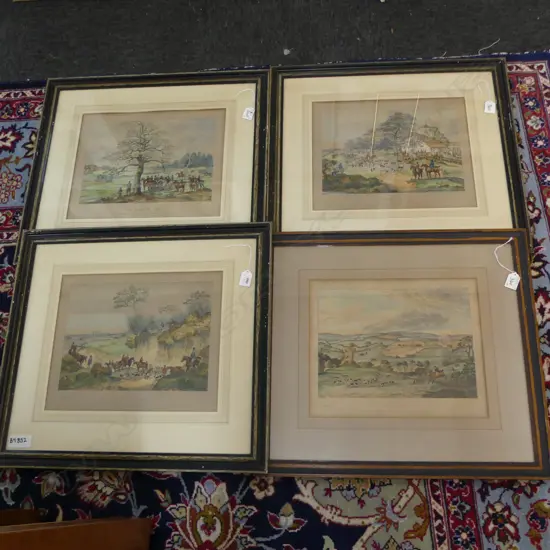 4 FRAMED HUNTING PRINTS. 'MEETING' 'FOX BREAKING COVER'  'FULLCRY' & ' FOX RUN  TO EARTH'  FRAMED SIZE (ALL) 520X580mm