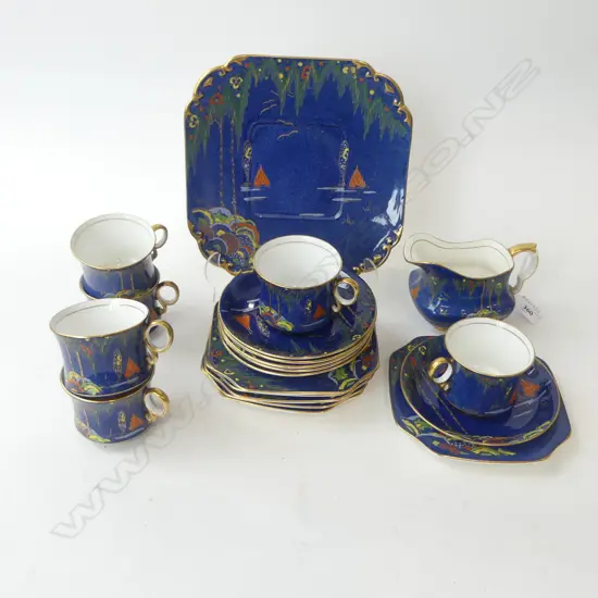 CARLTON WARE  BLEU TEA SET 6CSPS SANDWICH PLATE & CREAM JUG 
