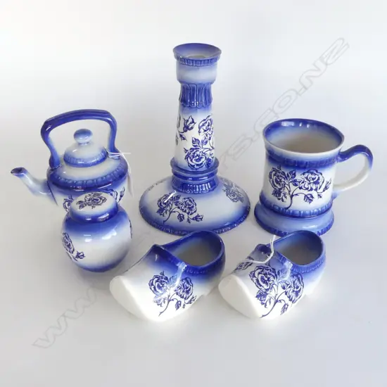 6 PCS BLUE WILD ROSE PAT CARLTONWARE CHINA CANDLESTICK H220MM TEAPOT H160MM 2 CLOGS L150MM MUG & SMALL GINGER JAR H90MM