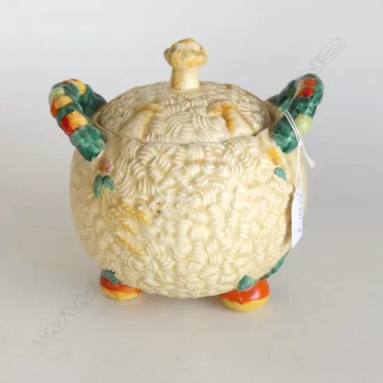 LARGE CLARICE CLIFF SUGAR BOWL TW HANDLED HARVEST PATTERN 90X150X170mm