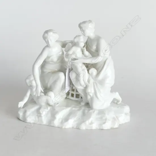 HARD PASTE PORCELAIN FEMALE GROUP WITH CHILD & PUTTEE IN A CAGE. CAPODIMONTE MARK FOR GINORI 1890S. FINGER DAMAGE. 160X