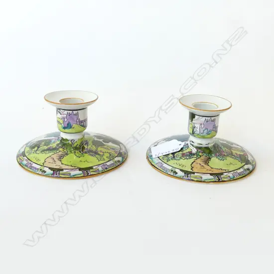 PAIR OF GRIMWADES “FAIRY CASTLES” CANDLESTICKS C.1920’S STOKE-ON-TRENT EXCELLENT CONDITION D.120MM