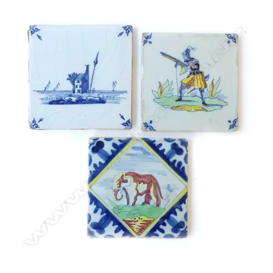THREE ANTIQUE DELFT POLYCHROME SANDY BACK TILES POSSIBLY 17TH CENTURY L.120MM-130MM