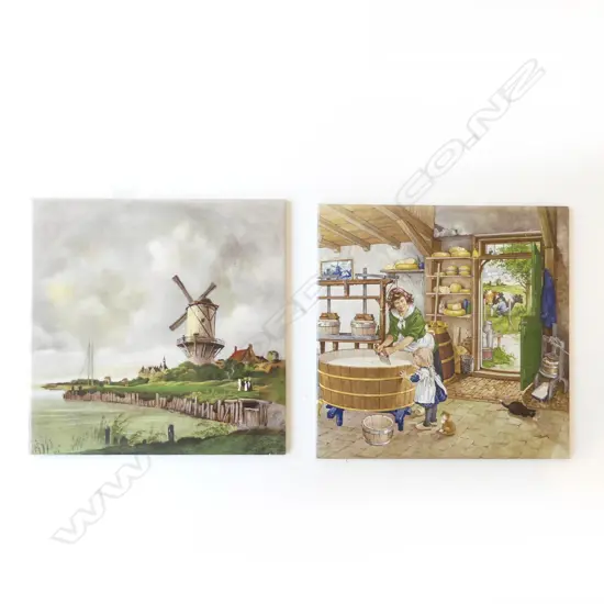 TWO VINTAGE DUTCH TILES WINDMILL & CHEESEMAKING BY ROYAL MOSA HOLLAND 15CM SQ