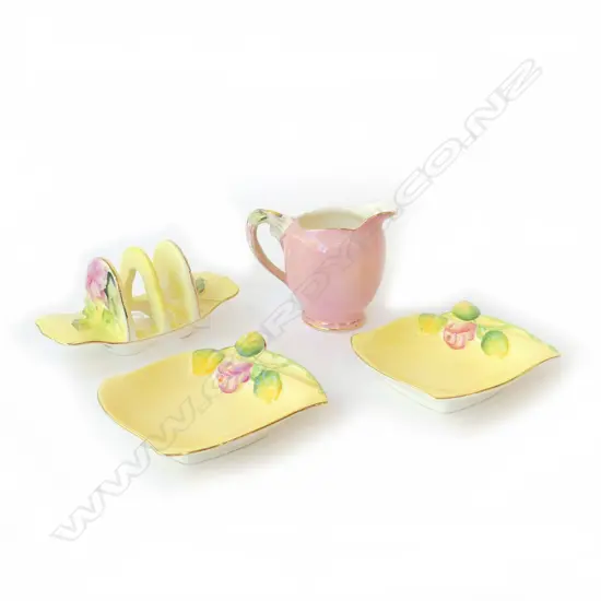 ROYAL WINTON TOAST RACK, JUG, AND TWO DISHES HIBISCUS, ROSEBUD ETC IN YELLOW AND PINK COLOURWAYS
