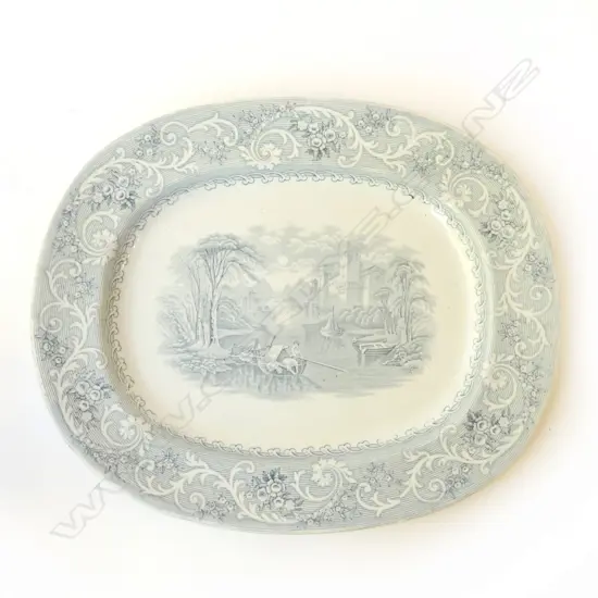 VICTORIAN STAFFORDSHIRE PLATTER BLUE TRANSFER “RHINE” PATTERN L.335MM