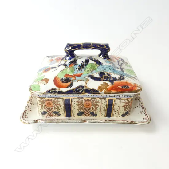 LOSOL WARE BY KEELING & CO BURSLEM LIDDED BUTTER DISH “SHANGHAI” PATTERN L.170MM