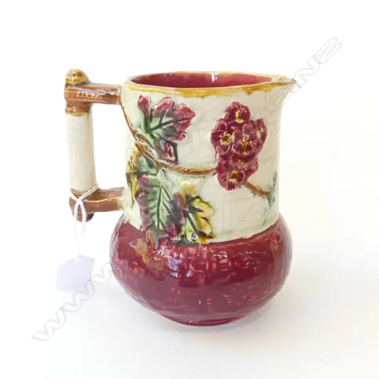 ANTIQUE MAJOLICA JUG BASKETWEAVE, LEAVES & FLOWERS ENGLAND H.140MM