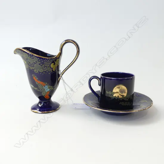 ART DECO “GOLDEN MOON” JUG, COFFEE CUP & SAUCER BY HALES HANCOCK & GOODWIN LONDON C.1930 H.120MM