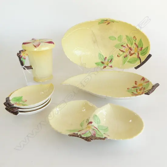 CARLTONWARE YELLOW LEAF PAT BOWL L270  5 MATCHING VARIOUS SIZED DISHES &LIDDED MUG H120MM