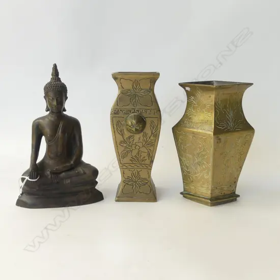 PR ORIENTAL BRASS VASES H.190mm + BUDDHA H.200mm