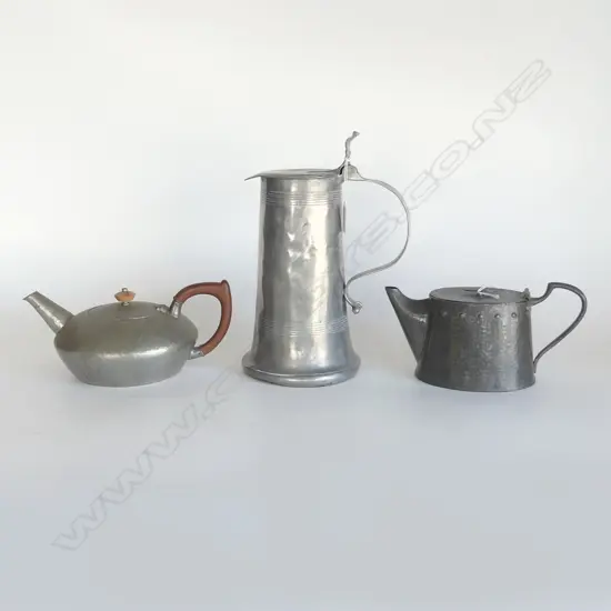 ANTIQUE ? LGE PEWTER FLAGON + 2 HAMMER BEATEN PEWTER TEAPOTS