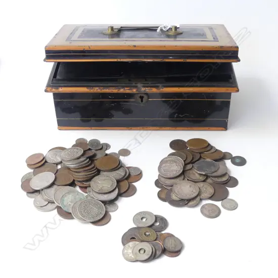 ANTIQUE CASH BOX W.260mm + ASST. NZ, UK, FIJIAN COINS