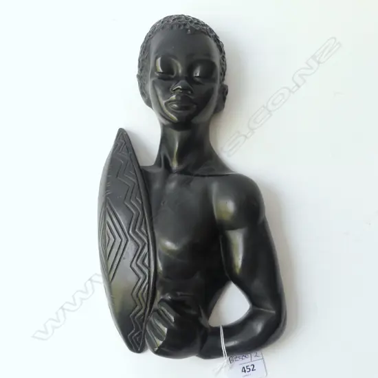 BLACK PAINTED PLASTER AFRICAN FIGURE WALL PLAQUE H.325mm