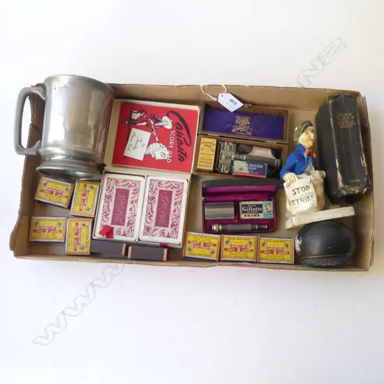 TRAY OF COLLECTIBLES – WILKINSON & GILLETE RAZORS, RAIL STRIKE VESTA, PRATT WARE VESTA, CARDS, PEWTER TANKARD, HOLY BIBL