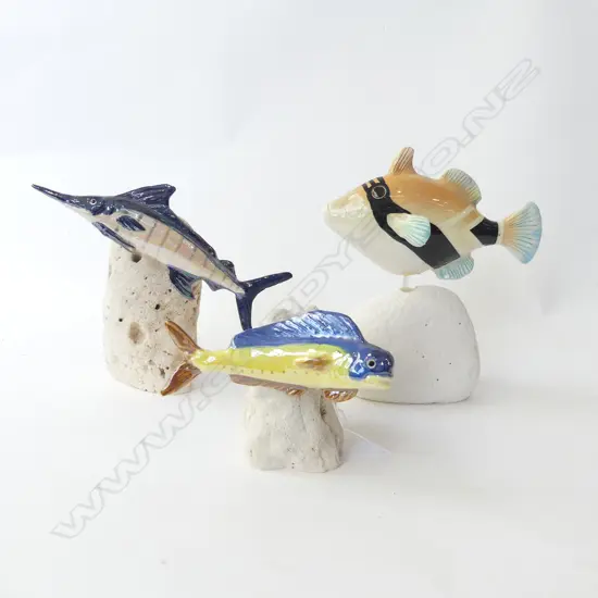 3 PC; STATE FISH, MARLIN & OTHER, CERAMIC SCULPURES MOUNTED ON VOLCANIC ROCK BASE, HANDCRAFTED HAWAII, 200mm (tallest)