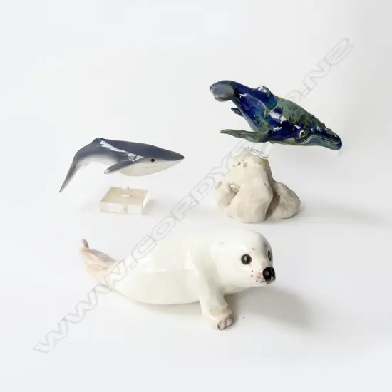 3 MARINE SCULPTURES, WHALE MOUNTED ON VOLCANIC STONE, WHALE ON BASE & WHITE SEAL,HANDCRAFTED HAWAII. H.150, 80 & 70mm