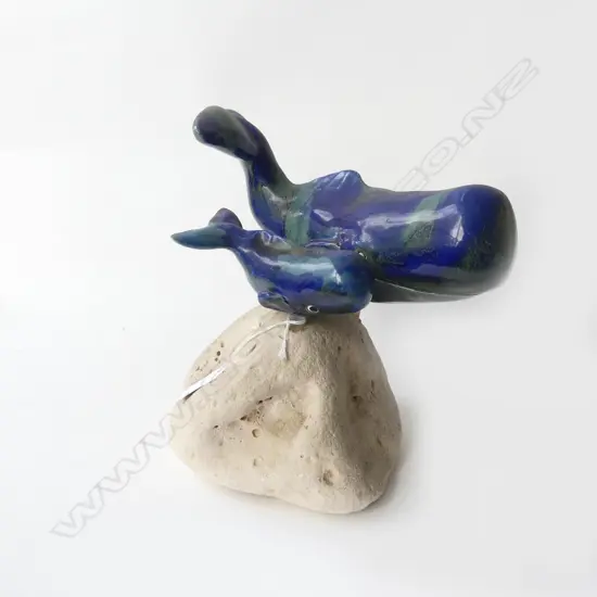 PILOT WHALE w CALF, CERAMIC SCULPTURE MOUNTED ON VOLCANIC STONE BASE, HANDCRAFTED HAWAII. H.260mm