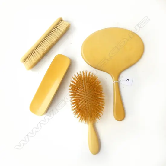 4 PCE IVORINE VANITY SET; 3 BRUSHES & HAND MIRROR 