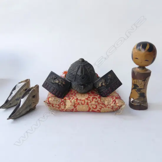 ASST. ORIENTAL PCES; WOODEN DOLL H.185mm, PR SILK SHOES ETC