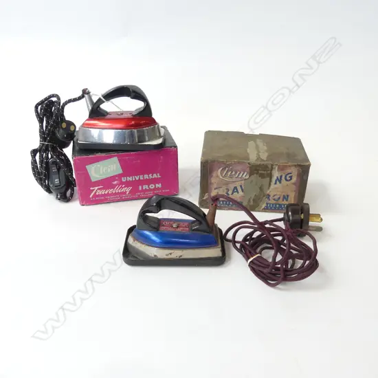 TWO VINTAGE ENGLISH “CLEM” TRAVEL IRONS IN ORIGINAL BOXES WITH STANDS L.140MM  