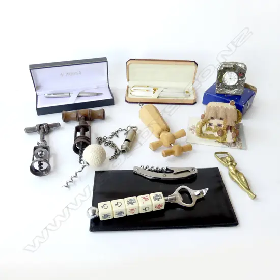 ASST CORKSCREW BOTTLE OPENERS, CASED PENS INCL. PARKER, LILLIPUT LANE 'WIGHT COTTAGE', WHISTLE