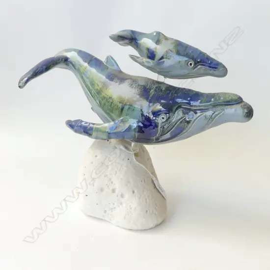 HUMPBACK WHALE w CALF SCULPTURE, CERAMIC MOUNTED ON VOLCANIC STONE BASE, HANDCRAFTED HAWAII. H.260mm