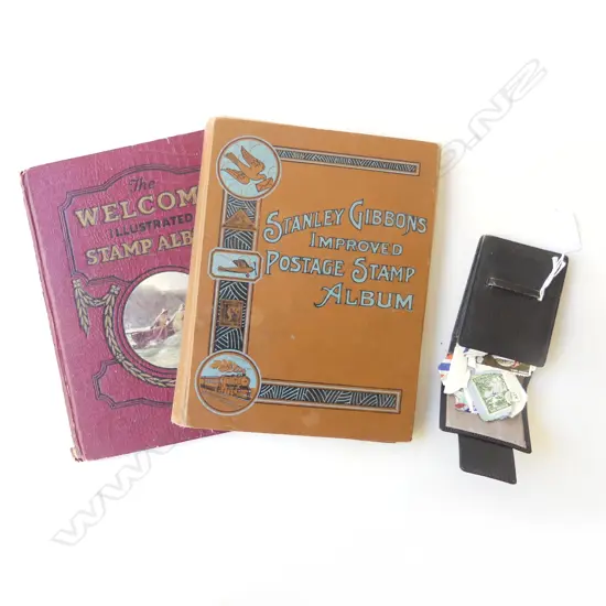 2 VINTAGE STAMP ALBUMS C.1930 (RED NEAR EMPTY) + LOOSE STAMPS IN POUCH