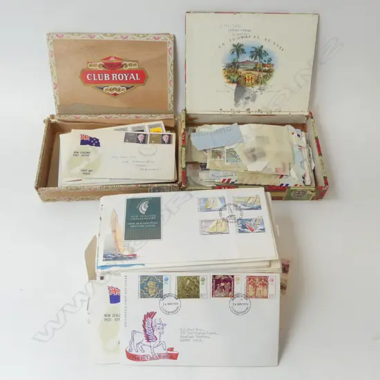 ASST. FIRST DAY COVERS + 2 CIGAR BOXES OF STAMPS