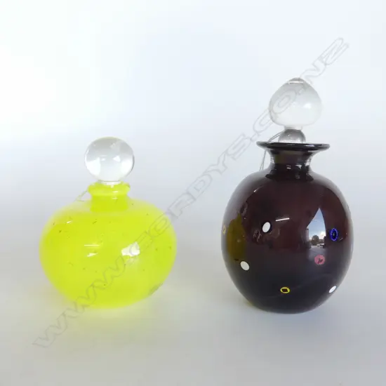 2  ART GLASS SCENT BOTTLES YELLOW & PURPLE w DOTS, DE FLUTE STUDIO. H. 100 & 140mm 