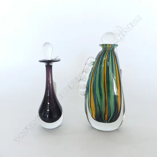 2 PC JOHN PENMAN ART GLASS, LIQUORICE w BOBBLE STOPPER 2000, H.190mm & DEEP PURPLE PURFUME BOTTLE, signed, H.160mm