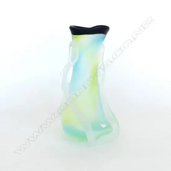 NZ ART GLASS VASE, PALE GRN/BLUE w BLK RIM, HANDBLOWN DE FLUTE GLASS STUDIO, 2005, SIGNED. H.235mm