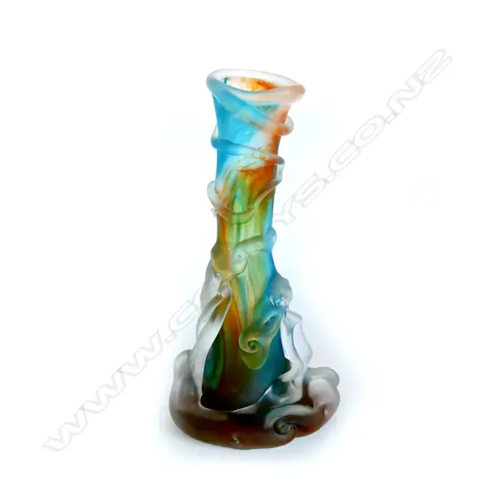 NZ ART GLASS VASE, ORANGE/BLUE, HANDBLOWN DE FLUTE GLASS STUDIO, 2005, SIGNED. H.320mm