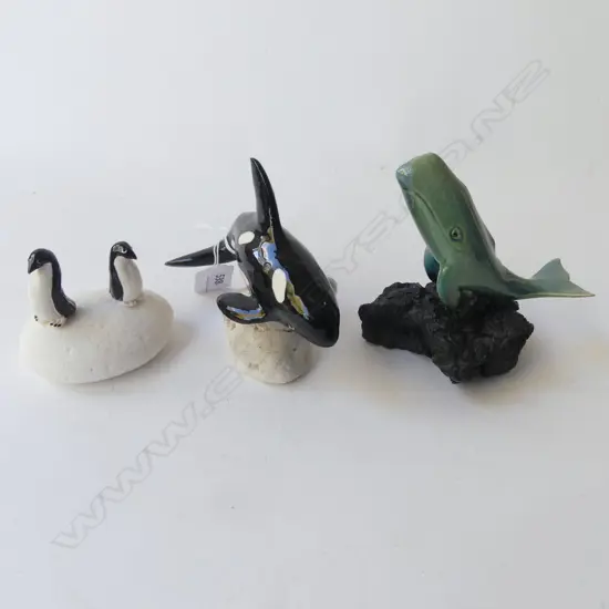 3 MARINE CERAMIC SCULPURES, WHALE, ORCA & PENGUIN, MOUNTED ON VOLCANIC ROCK BASE, HANDCRAFTED HAWAII, 120mm (tallest)
