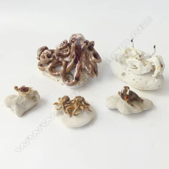 COLLECTION MOUNTED MARINE SCULPTURES, INCL OCTOPUS, SAND CRAB, SEAL & TURTLE, VARIOUS SIZES, HANDCRAFTED HAWAII