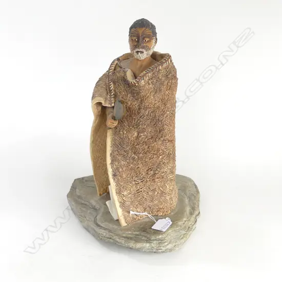 VINTAGE HAND SCULPTED POTTERY FIGURE OF ERU TAMAIKOHA on rock slab base H.360mm. w paperwork about Eru.