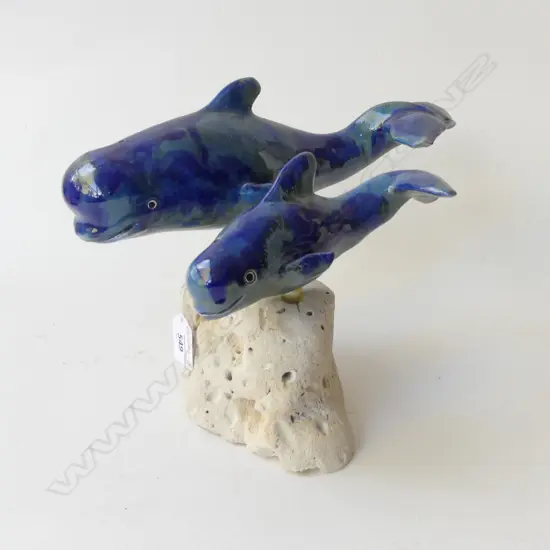 PILOT WHALE w CALF SCULPTURE, CERAMIC MOUNTED ON VOLCANIC STONE BASE, HANDCRAFTED HAWAII. H.200mm