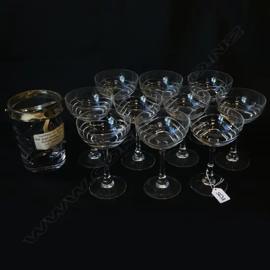 10 ROYAL CRYSTAL ROCK 'MARINA' PAT. CHAMPAGNE COUPES + ICE BUCKET