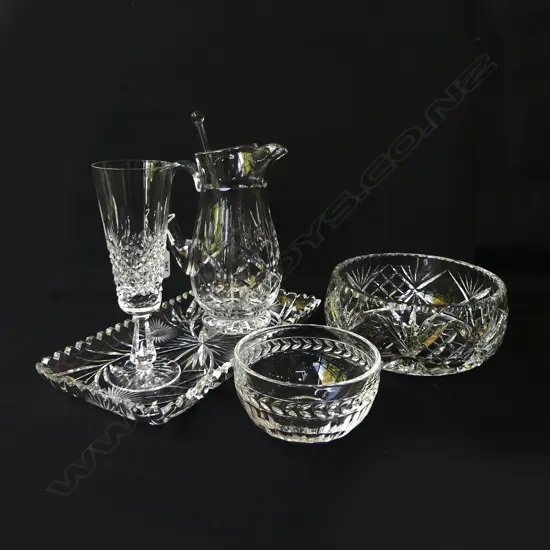 5 PCES CRYSTAL; 2 BOWLS 190, 120mm dia, TRAY, STUART JUG, WATERFORD FLUTE H.200mm